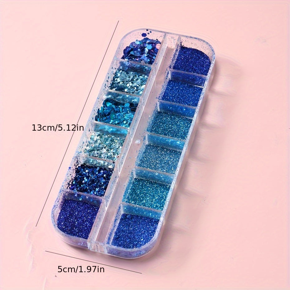 FULL BEAUTY Sparkly Blue Nail Glitter Set: 12 Grids of Shimmering Blue Sequins, Diamond Chrome, Fine Powder, Dust, Chunky Flakes, and Paillettes for DIY Manicure Decoration